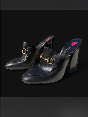 Black Leather Horsebit Mule Heels